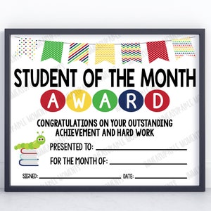 Student of the Month Bookworm Award Certificate. Printable Digital Download