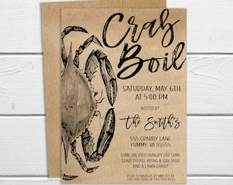 May include: A brown paper invitation with black text and a black and white illustration of a crab. The invitation is for a crab boil on Saturday, May 6th at 5:00 PM, hosted by the Smiths at 555 Crabby Lane, Yummy, VA 55555. Guests are asked to bring a side dish and a lawn chair. RSVP by May 1st.