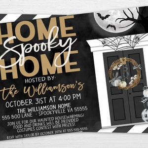 May include: Black and white striped background with a black invitation card. The card has gold text that reads "Home Spooky Home" and "Hosted by: the Williamson's". The invitation is for a Halloween party on October 31st at 4:00 PM at the Williamson home. The address is 555 Boo Lane, Spookyville VA 55555. The invitation also mentions a haunted housewarming, food and drinks will be provided, and a costume contest with prizes. RSVP with Taylor by October 20th at 555-555-5555.