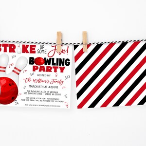 Peut inclure: Une invitation blanche avec du texte rouge et noir pour une f&ecirc;te de bowling. L'invitation repr&eacute;sente un ballon de bowling rouge et trois quilles blanches. Le texte indique "Let's Strike Up Some Fun! Bowling Party" et "Hosted by the Williams' Family". La date et l'heure de la f&ecirc;te sont le 15 mars &agrave; 16h00. Le lieu est "The Bowling Alley of Virginia, 555 Bowling Lane, Strike VA 55555".