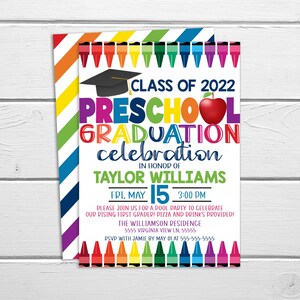 May include: A colorful invitation for a preschool graduation celebration for Taylor Williams. The invitation features a graduation cap, an apple, and crayons. The event is scheduled for Friday, May 15th at 3:00 PM at The Williamson Residence. RSVP by May 1st.