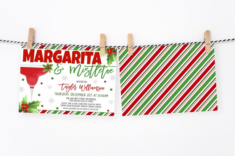 Inbjudan till julfest med margarita och mistel, inbjudan till vintersemestercocktailparty, redigerbar utskrivbar mall för damernas julafton bild 4