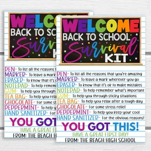 Welcome Back To School Survival Kit Gift Tag, Gift For Teachers Staff Students, Printable Editable, First Day Supplies Candy Basket, PTO PTA