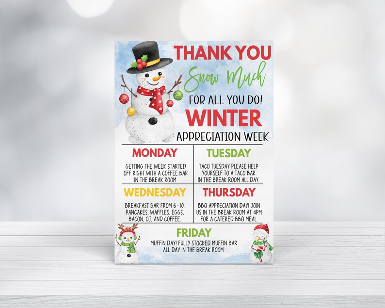 Winter Teacher Appreciation Week Schedule Itinerary, Christmas Holiday Appreciation, Staff School Teacher Staff PTA PTO Editable Printable image 5