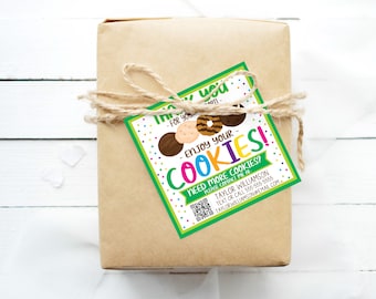 May include: A green and white gift tag with colorful confetti and a message that says "Thank you for your order! Enjoy your cookies! Need more cookies? Please contact me at: Taylor Williamson Text or call 555-555-5555 taylorwilliamson@email.com".