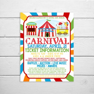 Carnival Flyer, Editable Printable, School PTO PTA Invitation, Church Business Benefit Fundraiser Event Poster, Circus Party Printable