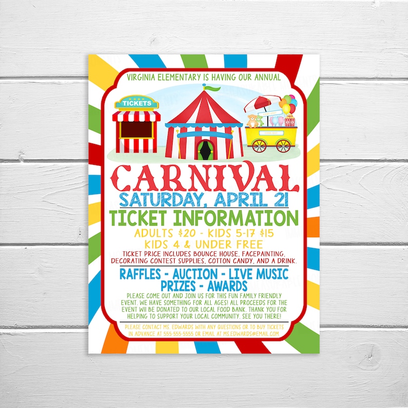 May include: A colorful flyer for a school carnival with a red and white striped tent, a ticket booth, and a carnival game. The flyer says "Virginia Elementary is having our annual Carnival Saturday, April 21".