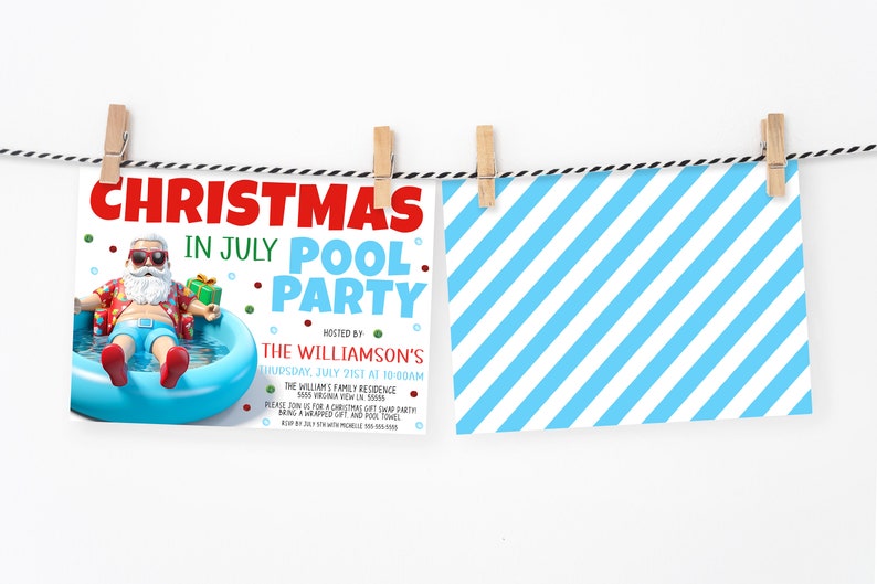 Op de afbeelding: Een uitnodiging voor een kerst-zwembadfeest in juli met een cartoon-kerstman die een zonnebril en een Hawaiiaans overhemd draagt, drijvend in een zwembad. De tekst luidt "Kerstmis in juli Zwembadfeest" en bevat de datum en tijd van het feest.