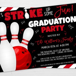 Bowling Graduation Party Invitation, Bowling Party Card, Adult Party Invite, Kids Bowling Party, Let&#39;s Strike Up Some Fun, Editable Template
