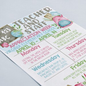 May include: A colorful printable schedule for Teacher and Staff Appreciation Week at Virginia Elementary School. The schedule includes daily activities from Monday, April 10th to Friday, April 14th.  The schedule features a watercolor design with a globe, a backpack, and school supplies.