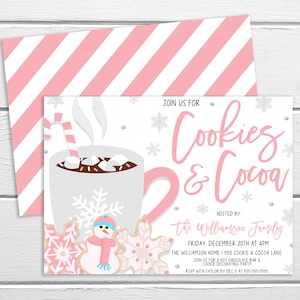 Editable Cookies And Cocoa Invitation, Birthday Girl Pink Cookie Hot Chocolate Party Invite, Cookie Cocoa Holiday Party, Printable Template
