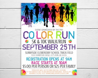 Inbjudan till Color Run-flyer, Color Fun Dash-löpning, maraton, 5 km, föräldraledighet, föräldraförening, skola, kyrka, tillbaka till skolan, insamling, gemenskap, företagsinsamling