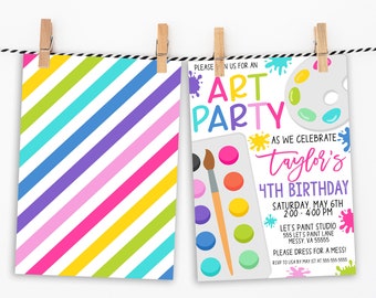 May include: Invitation to an art party for a child's 4th birthday. The invitation features a paint palette, paintbrushes, and colorful paint splatters. The text reads "Please join us for an Art Party as we celebrate Taylor's 4th Birthday. Saturday, May 6th, 2:00-4:00 PM. Let's Paint Studio, 555 Let's Paint Lane, Messy, VA 55555. Please dress for a mess! RSVP to Lisa by May 1st at 565-555-5555."