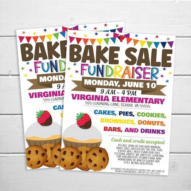 K&ouml;nnte beinhalten: Ein farbenfroher Flyer, der einen Kuchenverkauf zur Spendenaktion an der Virginia Elementary School am Montag, den 10. Juni von 9:00 bis 16:00 Uhr ank&uuml;ndigt. Der Flyer zeigt einen Cupcake mit einer Erdbeere darauf und Schokoladenkekse. Der Flyer listet die Arten von Backwaren auf, die verkauft werden, darunter Kuchen, Torten, Kekse, Brownies, Donuts, Riegel und Getr&auml;nke. Barzahlung und Kreditkartenzahlung werden akzeptiert.