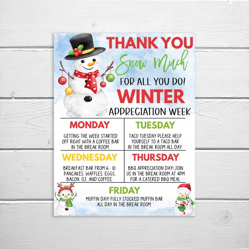Winter Teacher Appreciation Week Schedule Itinerary, Christmas Holiday Appreciation, Staff School Teacher Staff PTA PTO Editable Printable image 2
