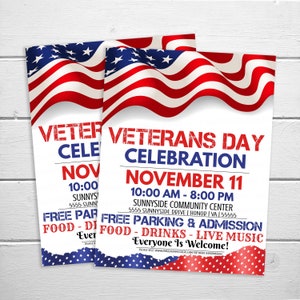 May include: Veterans Day Celebration flyer with an American flag design. The flyer advertises a celebration on November 11th from 10:00 AM to 8:00 PM at the Sunnyside Community Center. The event includes free parking, admission, food, drinks, and live music. Everyone is welcome!