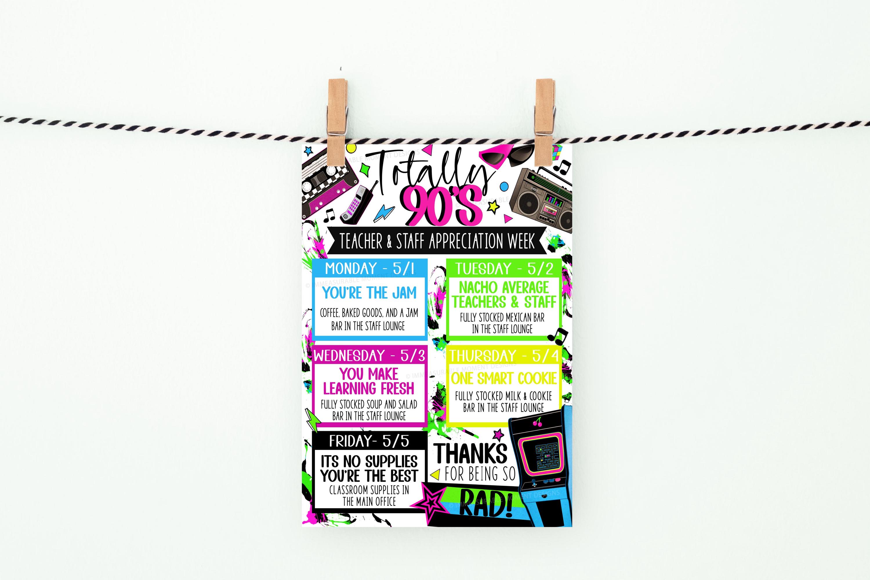 80s 90s Theme Teacher Nurse Staff Appreciation Week Itinerary Poster ...
