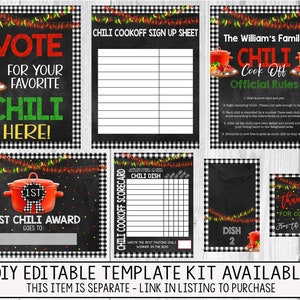 May include: Printable chili cook-off party signs with a chalkboard background and red chili pepper accents. The signs include a voting sign, a sign-up sheet, a scorecard, a best chili award sign, and a thank you sign. The text on the signs reads "Vote for your favorite chili here!" "Chili Cook-off Sign Up Sheet" "The William's Family Chili Cook Off Official Rules" "Chili Cook-off Scorecard" "Best Chili Award Goes To" "Dish 2" "Thank you for coming! How to Eat It's".