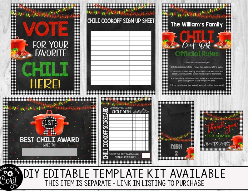 May include: Printable chili cook-off party signs with a chalkboard background and red chili pepper accents. The signs include a voting sign, a sign-up sheet, a scorecard, a best chili award sign, and a thank you sign. The text on the signs reads "Vote for your favorite chili here!" "Chili Cook-off Sign Up Sheet" "The William's Family Chili Cook Off Official Rules" "Chili Cook-off Scorecard" "Best Chili Award Goes To" "Dish 2" "Thank you for coming! How to Eat It's".