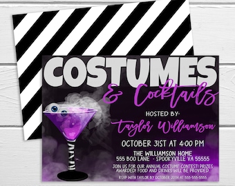 May include: A Halloween party invitation with a purple cocktail with two eyeballs in it. The invitation says "Costumes & Cocktails" and is hosted by Taylor Williamson. The party is on October 31st at 4:00 PM at the Williamson Home, 555 Boo Lane, Spookyville VA 55555. RSVP with Taylor by October 20th at 555-555-5555.