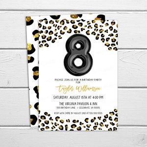 Leopard Print Birthday Invitation, Editable Any Age, Gold Glitter Invite, Pink Silver Birthday Invite, Party Digital Printable Template