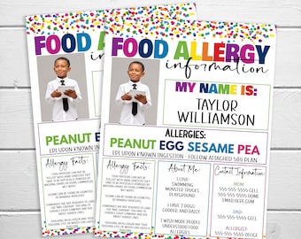 Fiche d'information modifiable sur les allergies alimentaires, camp préscolaire imprimable en garderie, Tout sur mes allergies, plans 504 plans pour soins médicaux IHP