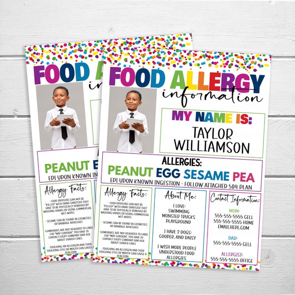 Editable Food Allergy Information Sheet, Printable School Daycare Preschool Camp, All About My Allergies, 504 Plans IHP Medical Plans