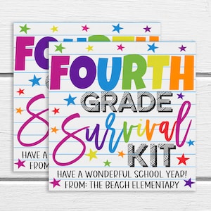 Vierde klas survival kit gift tag, 4e klas afdrukbaar bewerkbaar label, welkom terug op school traktatie tas, PTO PTA docenten personeel studenten