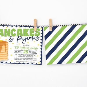 May include: A blue and white striped background with a white card on top. The card has a yellow star pattern and says "Pancakes & Pajamas" with a picture of a stack of pancakes. The text says "Hosted by the Williams Family" and "Fri. April 25 3:00-5:00 PM". The text also says "The Williams Family Residence 5555 Virginia View Ln. 55865".