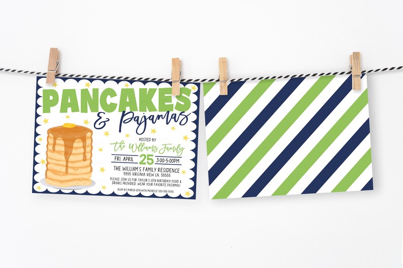 May include: A blue and white striped background with a white card on top. The card has a yellow star pattern and says "Pancakes & Pajamas" with a picture of a stack of pancakes. The text says "Hosted by the Williams Family" and "Fri. April 25 3:00-5:00 PM". The text also says "The Williams Family Residence 5555 Virginia View Ln. 55865".