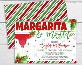 Può includere: Un invito festivo con un'illustrazione di bicchiere da margarita rosso e le parole "Margarita & Mistletoe". L'invito presenta un motivo a righe di bastoncini di zucchero rosso e verde e include i dettagli dell'evento.