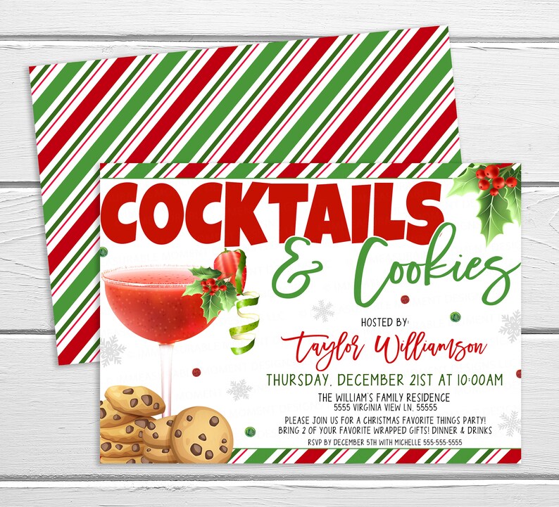 Christmas Cocktails And Cookies Invitation, Cocktail Cookie Swap Exchange Invite, Christmas Cocktail Party, Editable Printable Template image 5