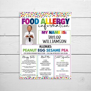May include: A colorful food allergy information card with a photo of a young boy. The card includes the boy's name, Taylor Williamson, his allergies, peanut, egg, sesame, and pea, and contact information for his parents and allergist.