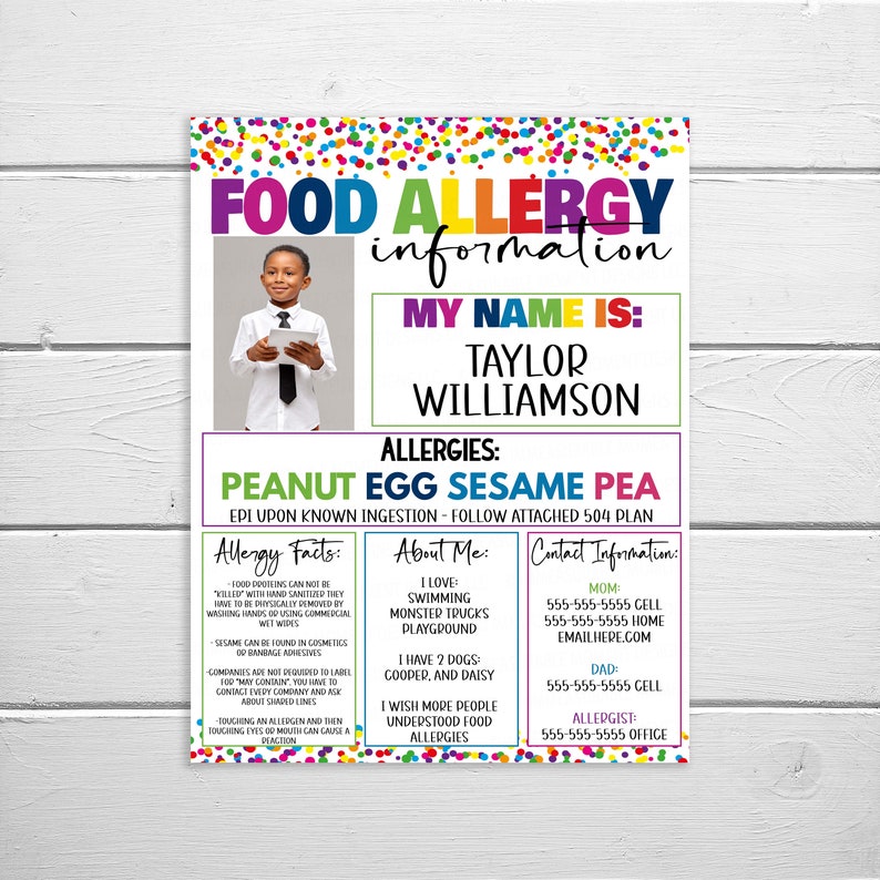 May include: A colorful food allergy information card with a photo of a young boy. The card includes the boy's name, Taylor Williamson, his allergies, peanut, egg, sesame, and pea, and contact information for his parents and allergist.
