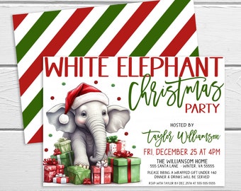 May include: A Christmas party invitation featuring a cartoon elephant wearing a Santa hat and surrounded by wrapped presents. The invitation reads "White Elephant Christmas Party" and includes the host's name, date, time, and location.
