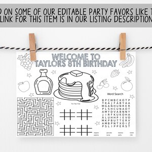 K&ouml;nnte beinhalten: Ein schwarz-wei&szlig;es druckbares Partygeschenk mit einem Labyrinth, einem Tic-Tac-Toe-Spiel, einer Wortsuche und einer Pfannkuchenillustration. Der Text "Willkommen zum 8. Geburtstag von Taylor" befindet sich oben auf der Seite.