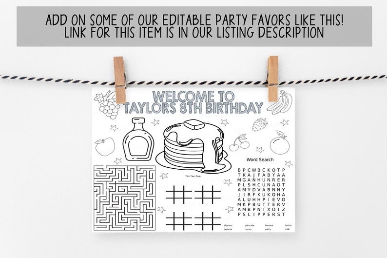 K&ouml;nnte beinhalten: Ein schwarz-wei&szlig;es druckbares Partygeschenk mit einem Labyrinth, einem Tic-Tac-Toe-Spiel, einer Wortsuche und einer Pfannkuchenillustration. Der Text "Willkommen zum 8. Geburtstag von Taylor" befindet sich oben auf der Seite.