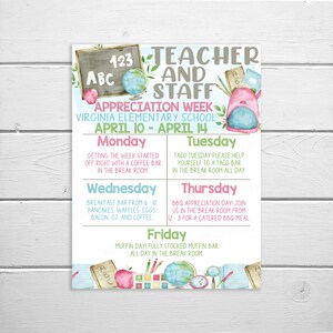 May include: A printable chart for Teacher and Staff Appreciation Week at Virginia Elementary School. The chart lists daily activities for the week of April 10-14, including a coffee bar, taco bar, breakfast bar, BBQ, and a muffin bar. The chart is decorated with watercolor illustrations of school supplies, a globe, and a backpack.