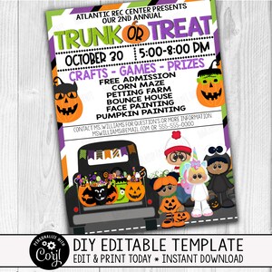 May include: A printable Halloween Trunk or Treat event flyer with a purple, green, and orange colour scheme. The flyer features a cartoon truck with pumpkins and sweets. The text on the flyer reads "Trunk or Treat", "October 30", "5:00-8:00 PM", "Crafts - Games - Prizes", "Free Admission", "Corn Maze", "Petting Farm", "Bounce House", "Face Painting", "Pumpkin Painting", and "Contact Ms. Williams for questions or more information".