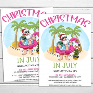 Puede incluir: Una invitaci&oacute;n a una fiesta de Navidad en julio con una imagen de dibujos animados de Pap&aacute; Noel con gafas de sol y una camisa tropical, sosteniendo una bebida tropical y flotando en un flotador de flamenco rosa. El texto de la invitaci&oacute;n dice "Navidad en julio" e incluye la fecha, la hora y la ubicaci&oacute;n de la fiesta.