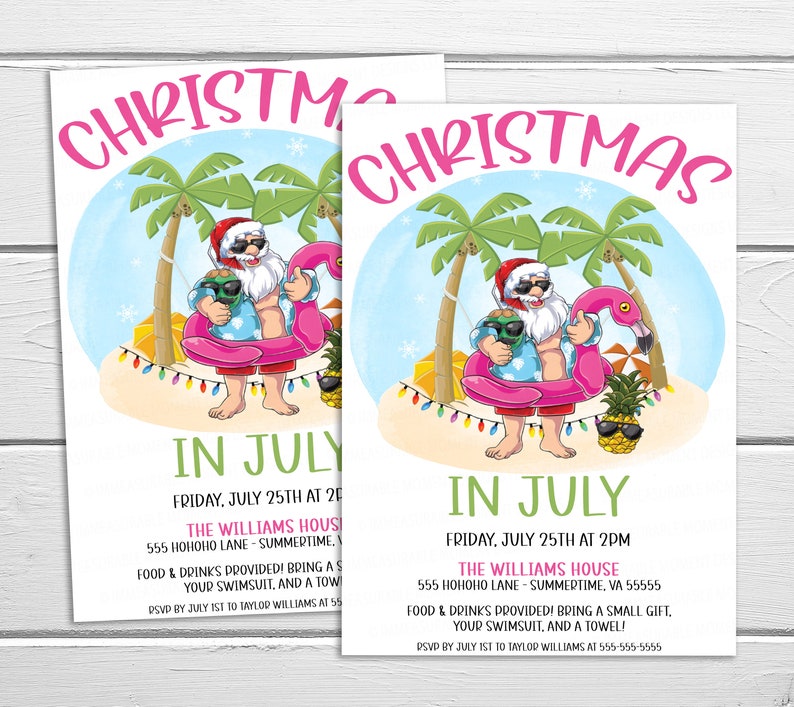 Puede incluir: Una invitaci&oacute;n a una fiesta de Navidad en julio con una imagen de dibujos animados de Pap&aacute; Noel con gafas de sol y una camisa tropical, sosteniendo una bebida tropical y flotando en un flotador de flamenco rosa. El texto de la invitaci&oacute;n dice "Navidad en julio" e incluye la fecha, la hora y la ubicaci&oacute;n de la fiesta.