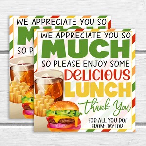 Lunch Gift Tag, Appreciated So Much Enjoy Delicious Lunch, Burger Fries, School Teacher Staff Employee Volunteer Nurse Appreciation Week
