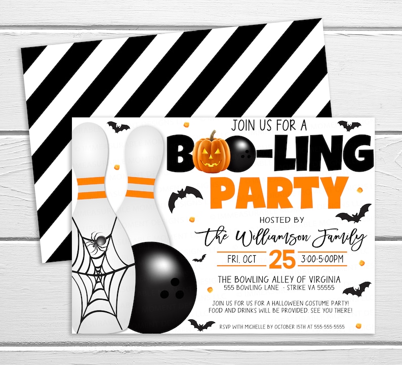 Halloween Bowling Party Invitation, Boo-ling Invite, Adult Kids Bowling Party, Let's Strike Up Some Fun, Fundraiser DIY Editable Printable image 1