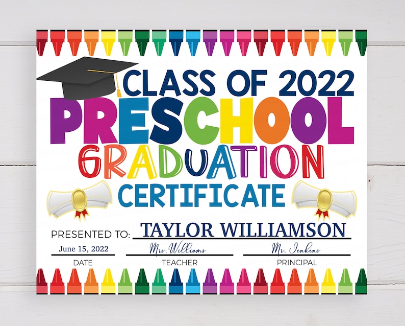 May include: A colorful printable certificate for a preschool graduation. The certificate is decorated with crayons and a graduation cap. The text reads "Class of 2022 Preschool Graduation Certificate" and "Presented to: Taylor Williamson".