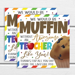 Etiqueta de regalo de Muffin para maestros, Regreso a la escuela, Último día, Gracias Semana de Apreciación del Maestro Etiquetas de regalo, Personal editable Empleado Escuela PTO PTA