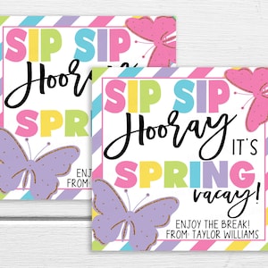 Könnte beinhalten: Zwei druckbare Schilder mit einem bunten gestreiften Hintergrund und Schmetterlingen. Der Text auf den Schildern lautet "Sip Sip Hooray It's Spring Vacay!" und "Enjoy the Break! From: Taylor Williams".