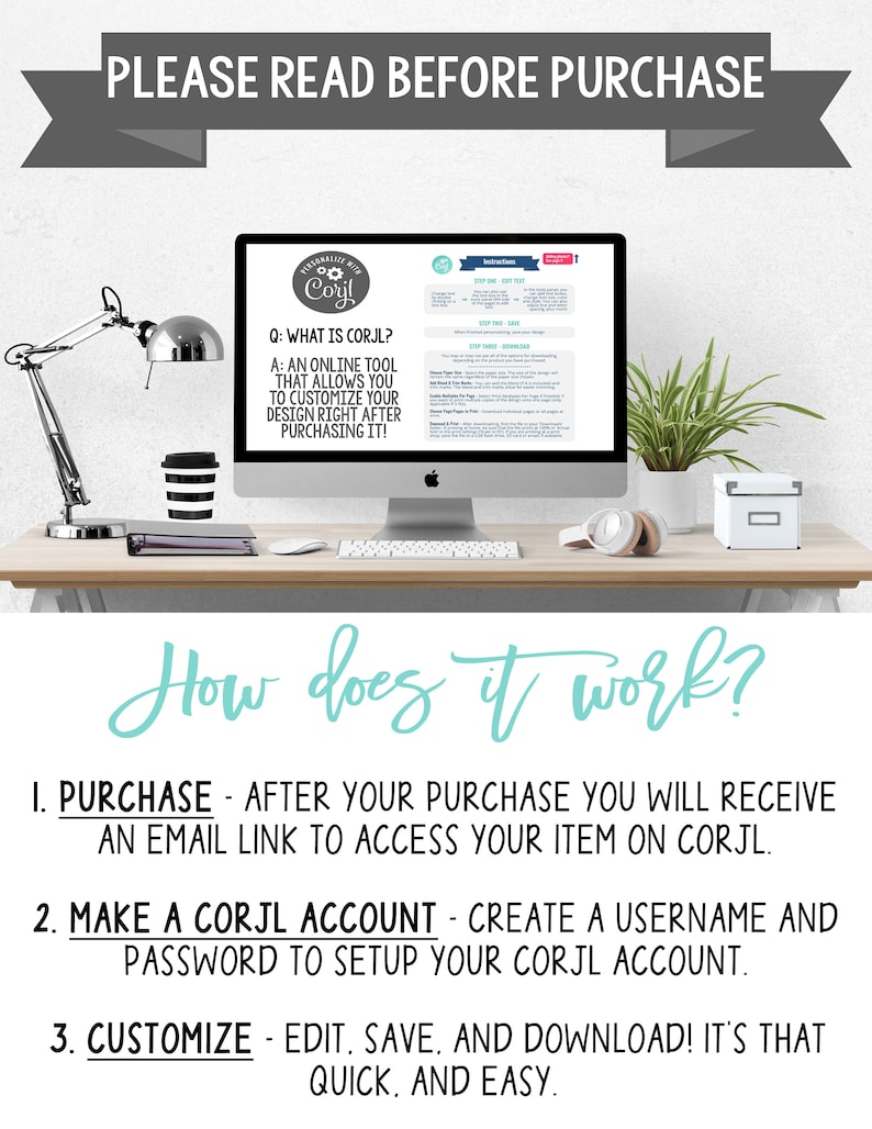 May include: A computer screen displaying instructions on how to use the Corjl online design tool. The text on the screen reads "What is Corjl?" and "An online tool that allows you to customize your design right after purchasing it!" The text below the screen reads "How does it work?" and lists three steps: Purchase, Make a Corjl Account, and Customize.