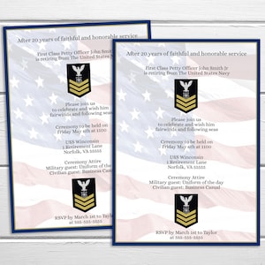 Invitation à la retraite militaire de première classe modifiable, PO1 MA1, Maître d’armes, DIY US Navy Invitation Invitation à la retraite, DIY Imprimable Télécharger