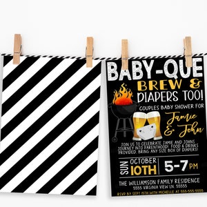 May include: Black and white striped background with a black and white invitation for a couples baby shower. The invitation says "Baby-Que Brew & Diapers Too!" with a grill, flames, and beer mugs. The invitation is for Jamie & John and is on October 10th from 5-7pm. The address is The Williamson Family Residence, 5555 Virginia View Ln. 55555. RSVP by Sept 15th with Michelle at 555-555-5555.