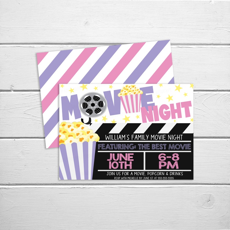 May include: A pink and purple striped background with a white invitation for a family movie night. The invitation features a black and white film strip with a film reel, popcorn, and the text "Movie Night". The invitation also includes the text "William's Family Movie Night", "Featuring: The Best Movie", "June 10th", "6-8 PM", "Join us for a movie, popcorn & drinks", and "RSVP with Michelle by June 1st at 555-555-5555".